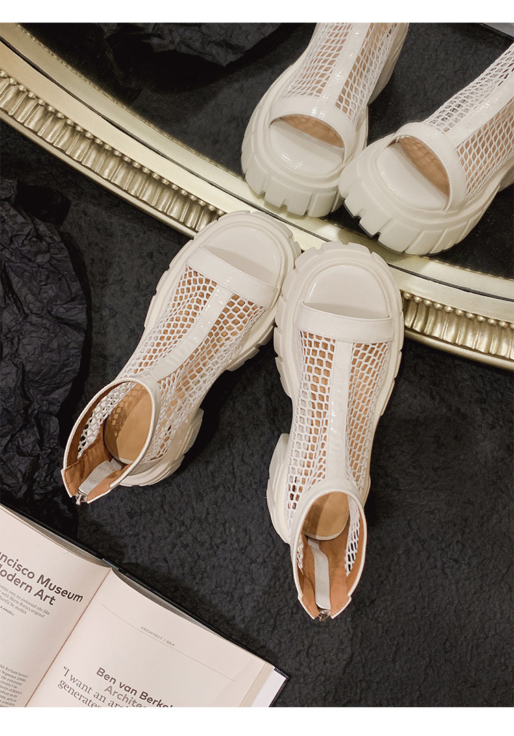 Giày sandal cao gót nữ mũi cá hở ngón, cổ cao lưới mỏng, gót vuông dày 9 cm, khóa kéo sau, đế xuồng thoáng khí — đen, trắng chi tiết 22