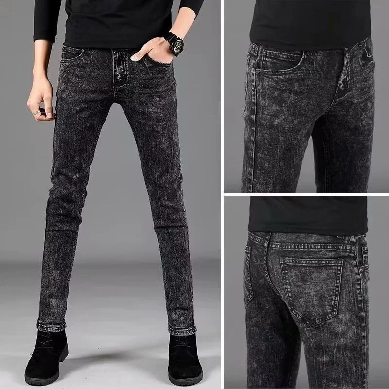 (Кросс-бордерная торговля), джинсы, мужские брюки, со снежинками, slim fit, корейский стиль, облегающие
