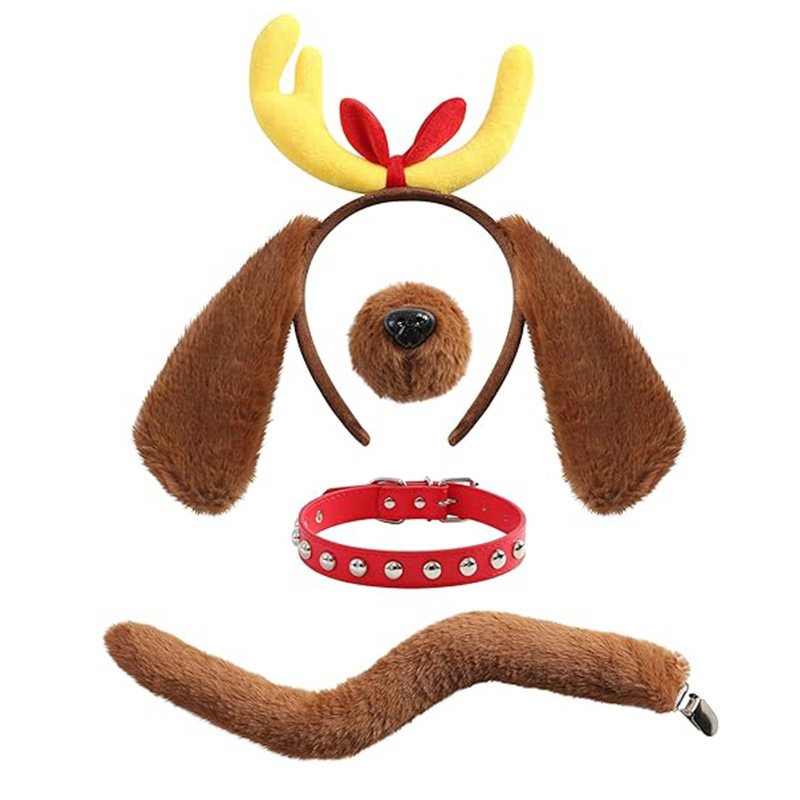 2025 クリスマス鹿の角ヘアバンド、ぬいぐるみ犬耳付きクリスマス帽子、レッグウォーマー、手袋、漫画犬コスプレ|undefined