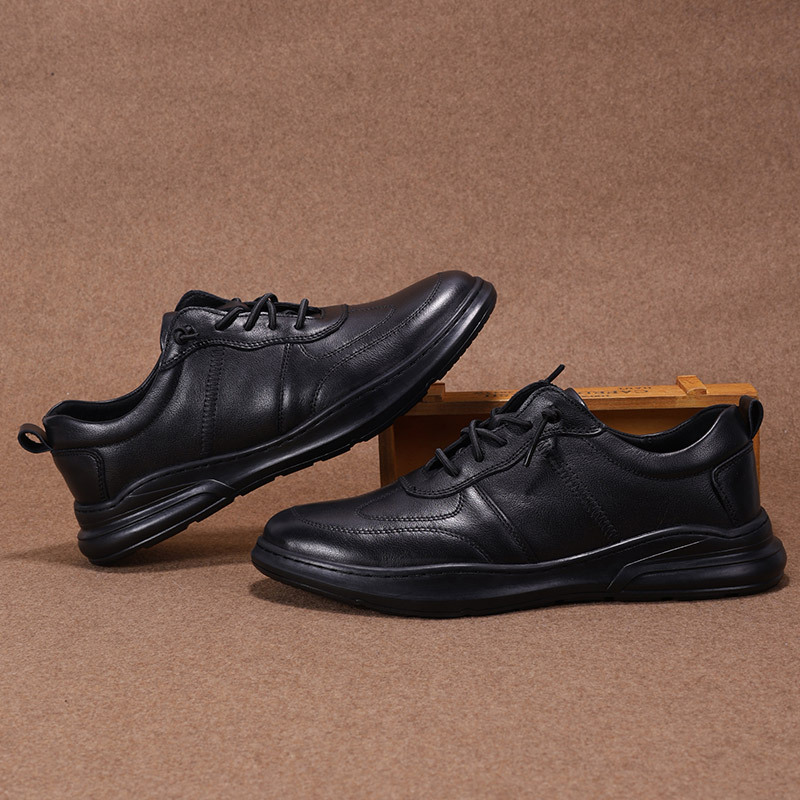 秋季 男款黑色商務辦公室休閒綁帶圓頭皮鞋 軟底橡膠底上線皮鞋