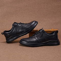 秋季 男款黑色商務辦公室休閒綁帶圓頭皮鞋 軟底橡膠底上線皮鞋