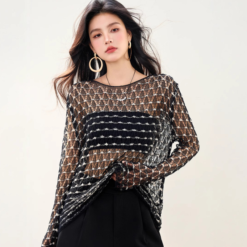 R4115 Summer Round Neck Loose See-Through Ice-Feel Fancy Crochet Cut Out Knitted Blouse Feminine Casual Top