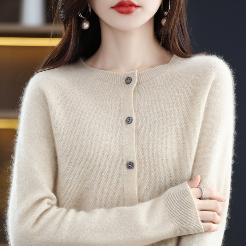 Cárdigan de Punto de Lana para Mujer Lana Cuello Redondo, Manga Larga para Otoño e Invierno