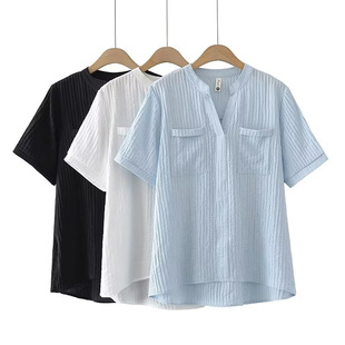 Plus Size Women's Summer Clothes New Korean Style Fat mm Slimming Look Loose Pure Color V Neck Short-Sleeved Shirt Top 192