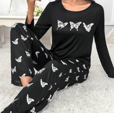 Cross-border Autumn New Long-sleeved Home Clothes Casual Sleeping suit Round Neck Printed European and American Women's Pajamas Black Butterfly