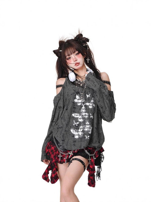 跨境外贸专供一件代发甜酷露肩长袖女春秋灰色y2k宽松上衣辣妹T恤|undefined