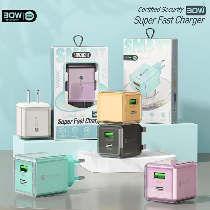 New Product 30W Macaron Ice Cube Mobile Phone Smart Charger Usb+Typec Dual Port Fast Charging Suitable for Apple and Huawei