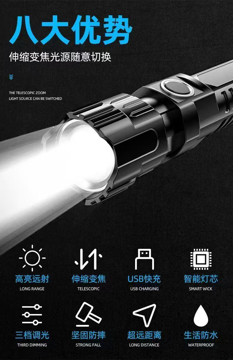 Cross-Border Popular High-Brightness Flashlight USB Rechargeable Telescopic Zoom Large Floodlight Handheld Outdoor Emergency Lighting