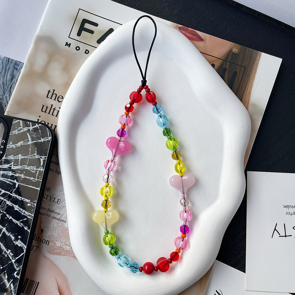 Heart Shape Pattern 1 Piece Cute Sweet Heart Shape Acrylic Artificial Crystal Glass Bead Beaded Mobile Phone Lanyard