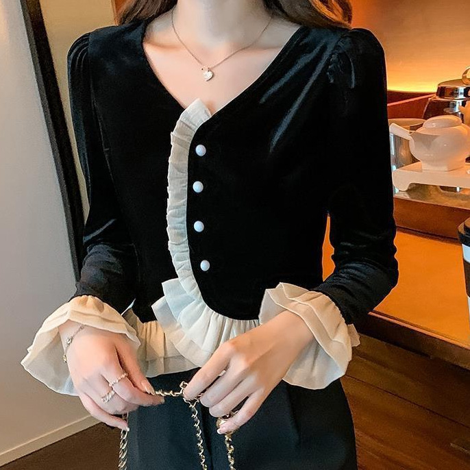 Korean style elegant short shirt top design sense niche v-neck ruffled gold velvet shirt women's autumn and winter ins fashion Korean style elegant short shirt top design sense niche v-neck ruffled gold velvet shirt women's autumn and winter ins fashion