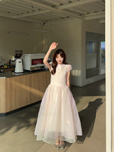 法式超仙圆领短袖连衣裙女夏季网纱拼接高腰蓬蓬裙子休闲大摆长裙