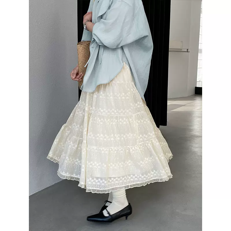 江左 法式温柔风蕾丝拼接刺绣半身裙女2026春文艺大摆长裙子 6500