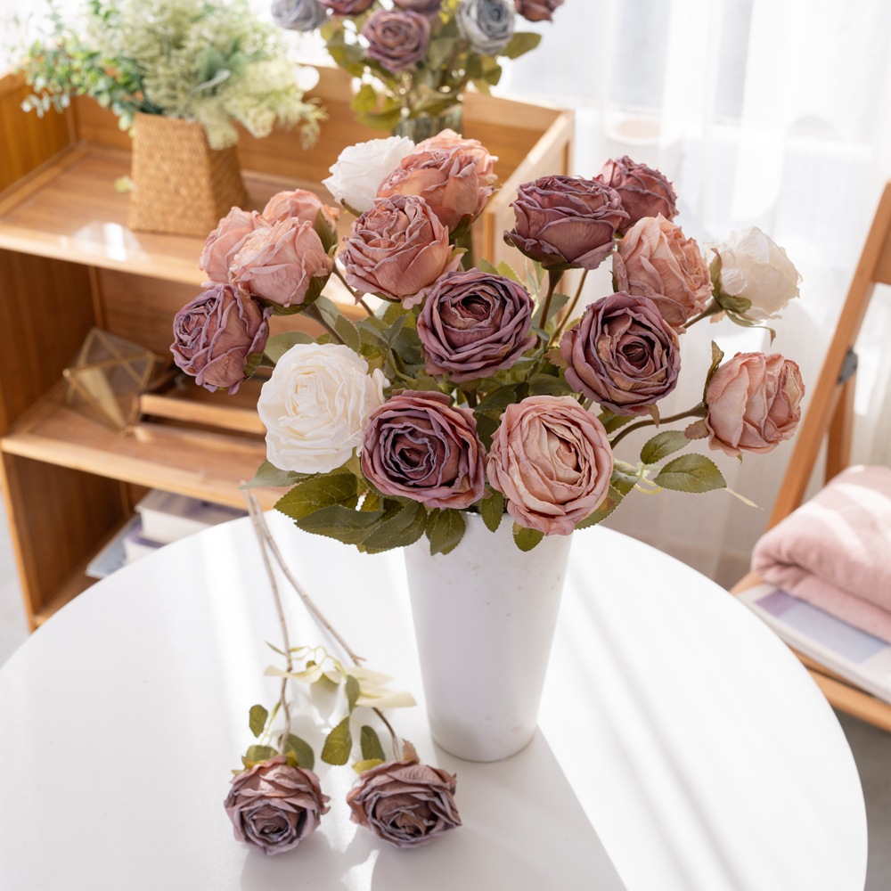Cross-border single branch snowflake cypress edge rose INS style artificial flower home decoration wedding wholesale fake flower MW66011