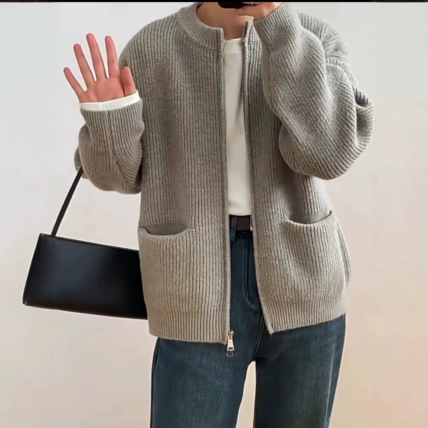 레트로 순색 래글런 고급스러운 골지 더블 지퍼 니트 가디건 여성 루즈 부드러운 우아한 니트 아우터