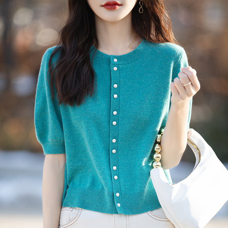 Tweed Style with Skirt, Short Short-Sleeved Knitwear, Three-Quarter Sleeve Thin Knitwear, T-Shirt Top, Pearl Button Mid-Sleeve Cardigan