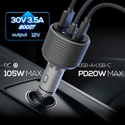 Cross-Border Applicable Starlink Mini Car Cigarette Lighter 12V Boost 30Vdc105W Fast Charging Three-In-One Adapter (Siqaret yandırıcısı) - silver-3in1dcpdusb