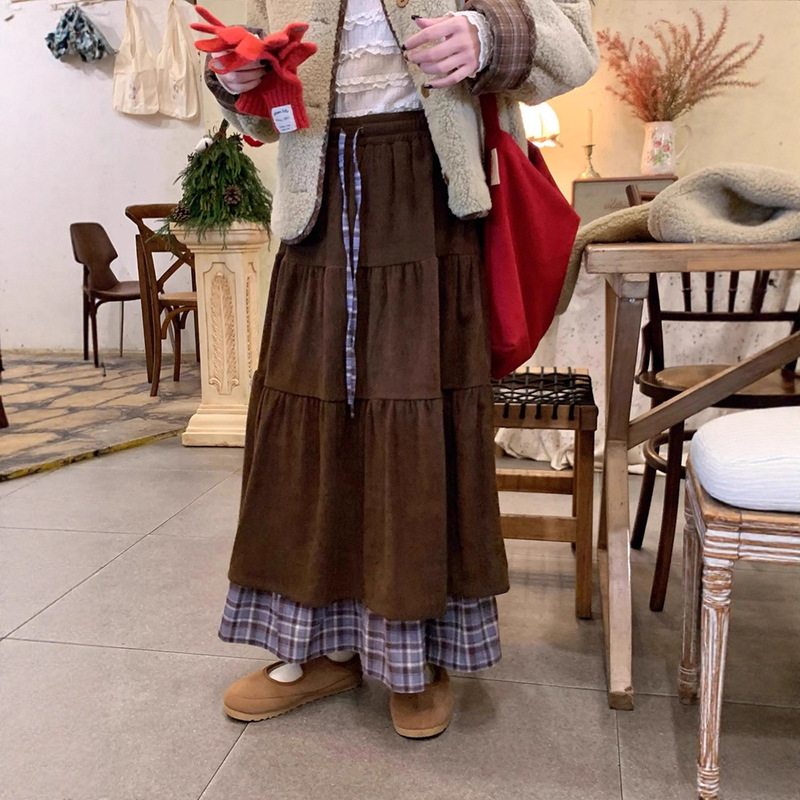 Japanese Retro Brown Midi Skirt for Women, Autumn and Winter Double-Layer Design, Niche Splicing, Faux Two-Piece Plaid Cake Long Skirt