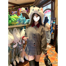 小众复古学院风宽松格纹短款长袖外套女2025高腰百褶裙短裙两件套