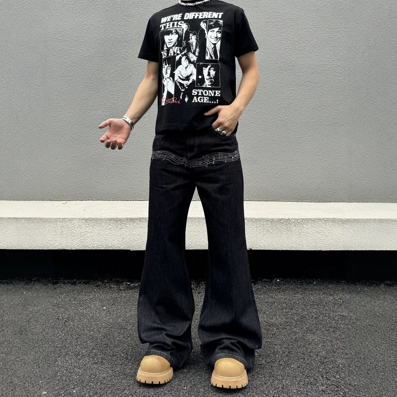 Note Embroidery Baggy Raw Denim Jeans for Men, Spring and Autumn Cleanfit Design, Loose Straight-Leg Pants, Trendy