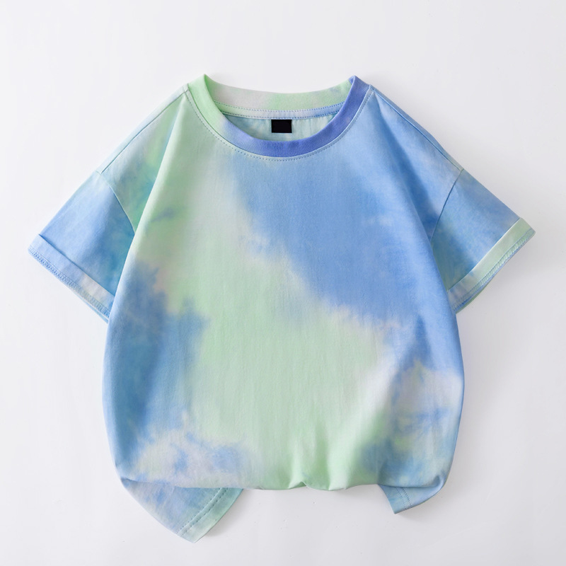 タイダイ総柄オフショルダートレンディな子供用半袖Tシャツカスタムプリント男の子Tシャツ夏女の子半袖Tシャツカスタムメイド|undefined