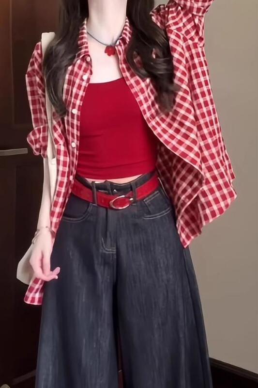 Retro American-style red plaid sun-protective long-sleeve shirt for women, 2026 new autumn dopamine stunning top