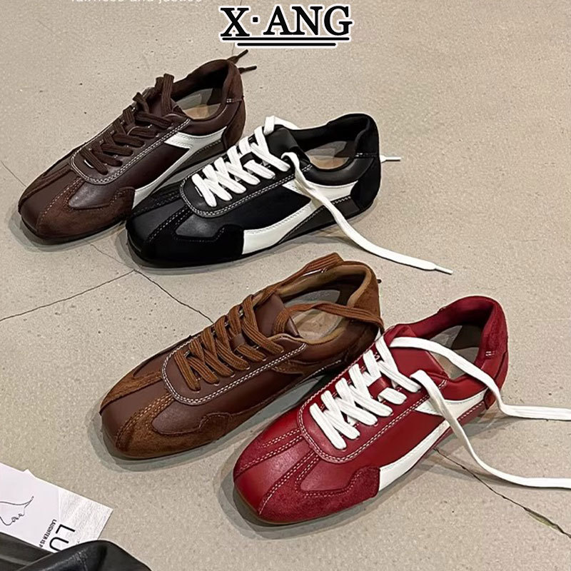 Vintage Style Cowhide Leather Sneakers with Hidden Height Increase, Women's Shoes, 2026 Spring New Model, Casual Sports Shoes