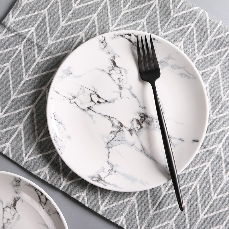 Nordic ceramic tableware plates, home-use creative marble-patterned round shallow plates, Western-style steak plates, bowl and plate set Nordic ceramic tableware plates, home-use creative marble-patterned round shallow plates, Western-style steak plates, bowl and plate set