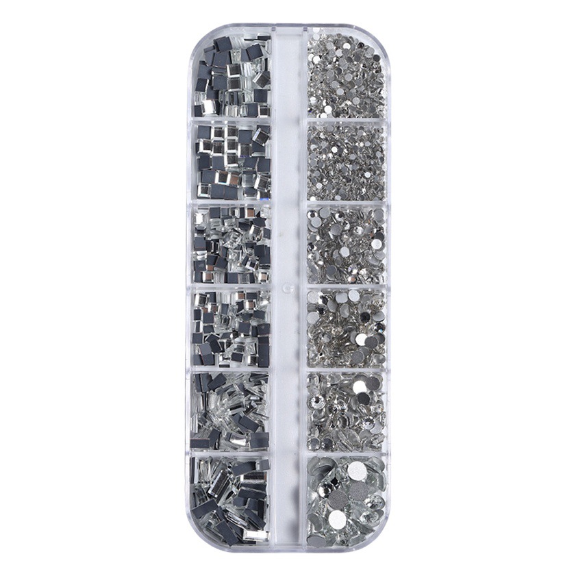 Manicura 12 Grid decoraciones mixtas rectangular diamante plano de forma especial Super brillante lujo transparente pequeño diamante redondo Perla Beige