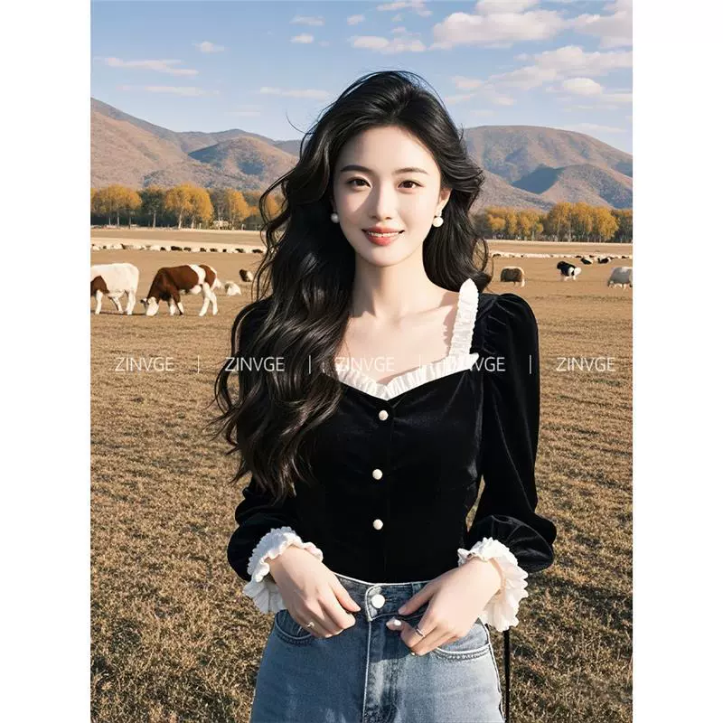 YT390156 Зимой носить французы высокого уровня уникальный шикарный маленький топ черный бархатная рубашка с квадратным вырезом для женщин 20