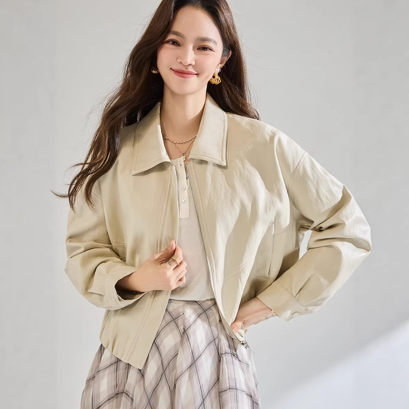 【Shenghong】Early Spring New Style Metallic Pu Leather Fashion Versatile Short Leather Jacket with Lapel, Slim-Fit Jacket