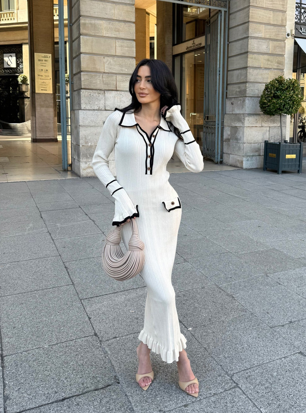 560g Weight Maxi Long Dress Dress Length Type Long Sleeve Sleeve Length Sheath Dress Dresses Type Bell Sleeve Sleeve Type knit Fabric Type Mid Waist Waist Line Holiday Occasion Turndown Neckline Slim Fit Type Color Block Pattern Winter, Spring, Autumn Season Women's Gender Elegant, Streetwear Style Wholesale Women's Elegant Streetwear Color Block Holiday Turndown Long Sleeve Sheath Dress 1