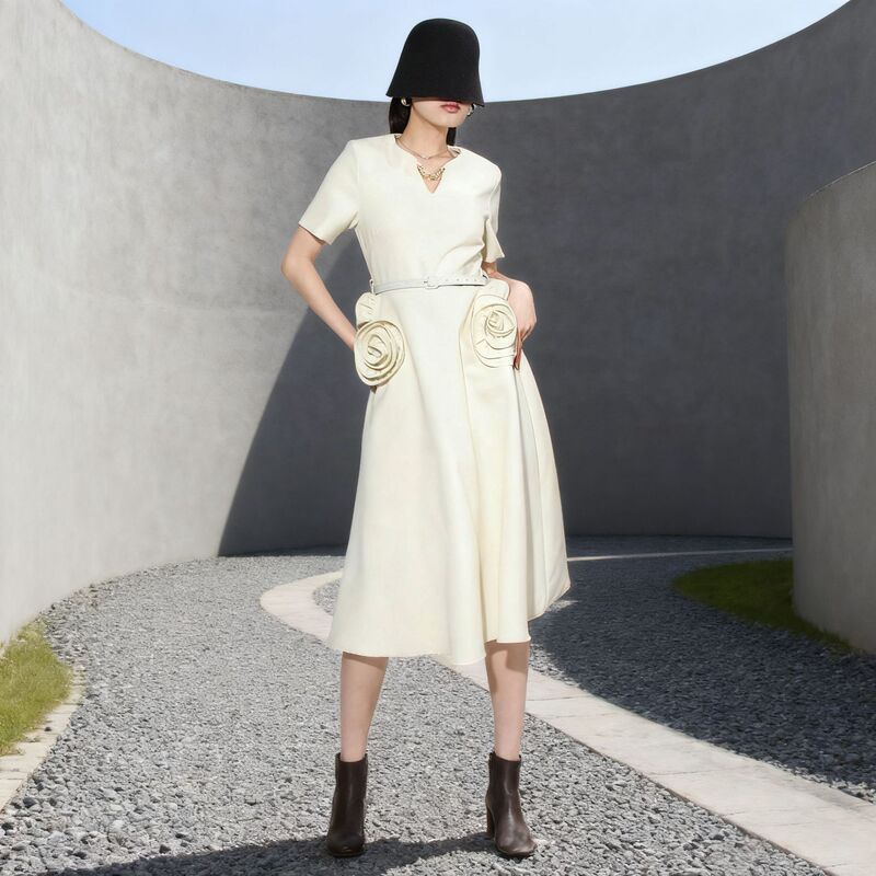 French-Style High-End A-Line Long Dress 2026 Spring New V-Neck Waist-Cinching Slimming Dress with Three-Dimensional Floral Decoration Women's Clothing