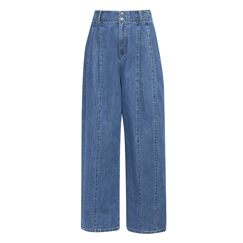 Quần jean nữ ống rộng cạp cao dáng chuối xếp ly denim dễ phối — Màu xanh lam chi tiết 11