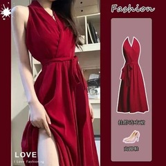 Pure Lust レッドホルターネックドレス女性のための 2025 早春の新しい A ラインロイヤルシスターウエストストラップスリムミドル丈スカート