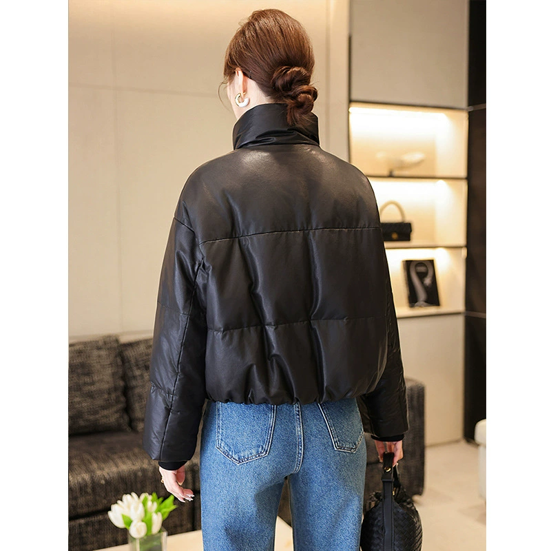 Down jacket, genuine leather exterior, goose down filling, short padded style, black