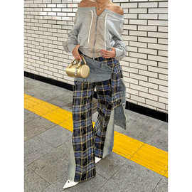 K4H大码设计感可拆卸腰封牛仔裤子女新款辣妹多穿法格子拼接拖地