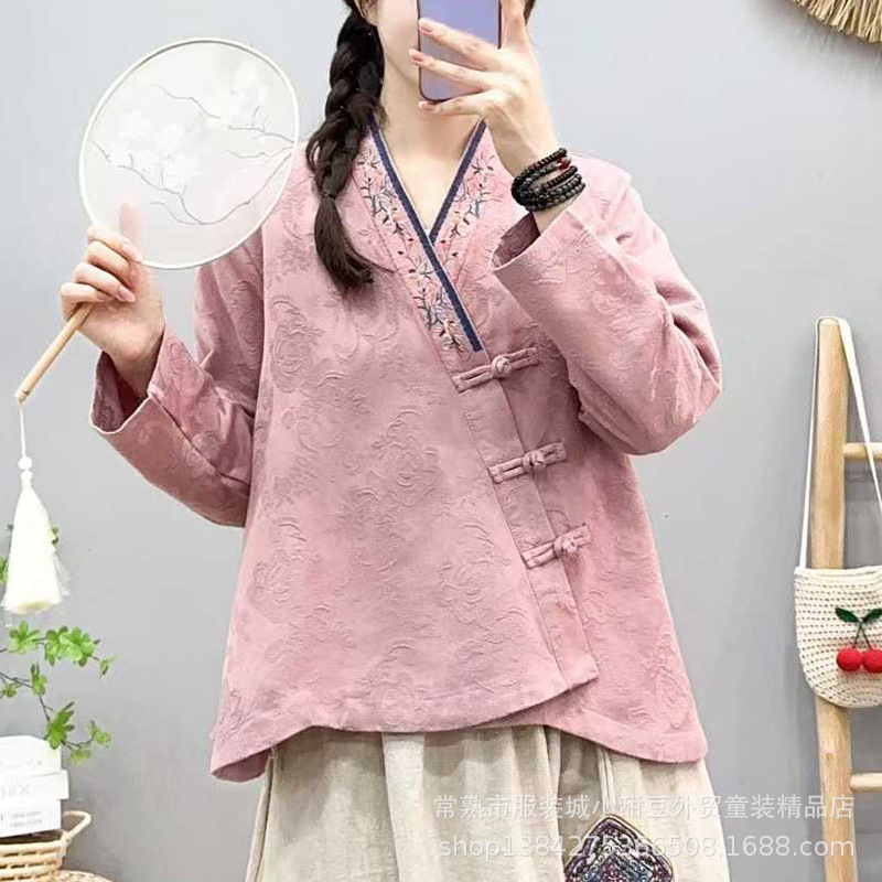 秋季新品提花棉麻盘扣衬衫女装斜襟刺绣宽松衬衣