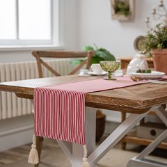 Iamnique Yun Table Runner, Printed Pastoral Stripes with Red Floral Design, Single-Layer Tassel-Trimmed Dining Flag—Factory Direct Supply