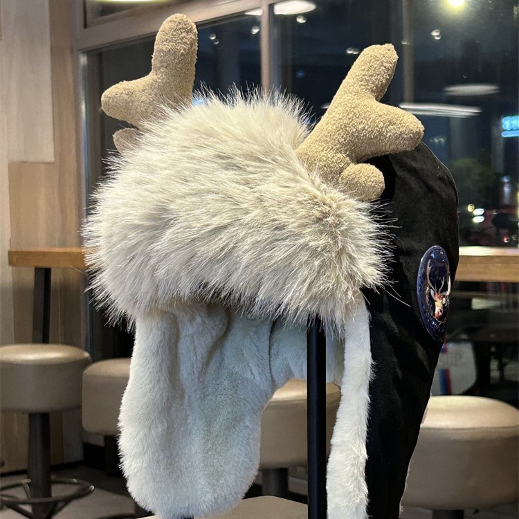 可爱鹿角雷锋帽男女冬季加绒保暖防寒护耳帽户外骑车防风飞行员帽