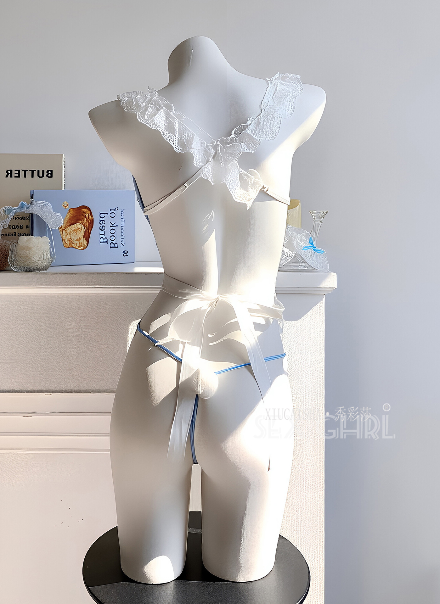 Plus-Size Cat Girl Cosplay Uniform Set with Blue Plush Bow and Stockings — detail image 10