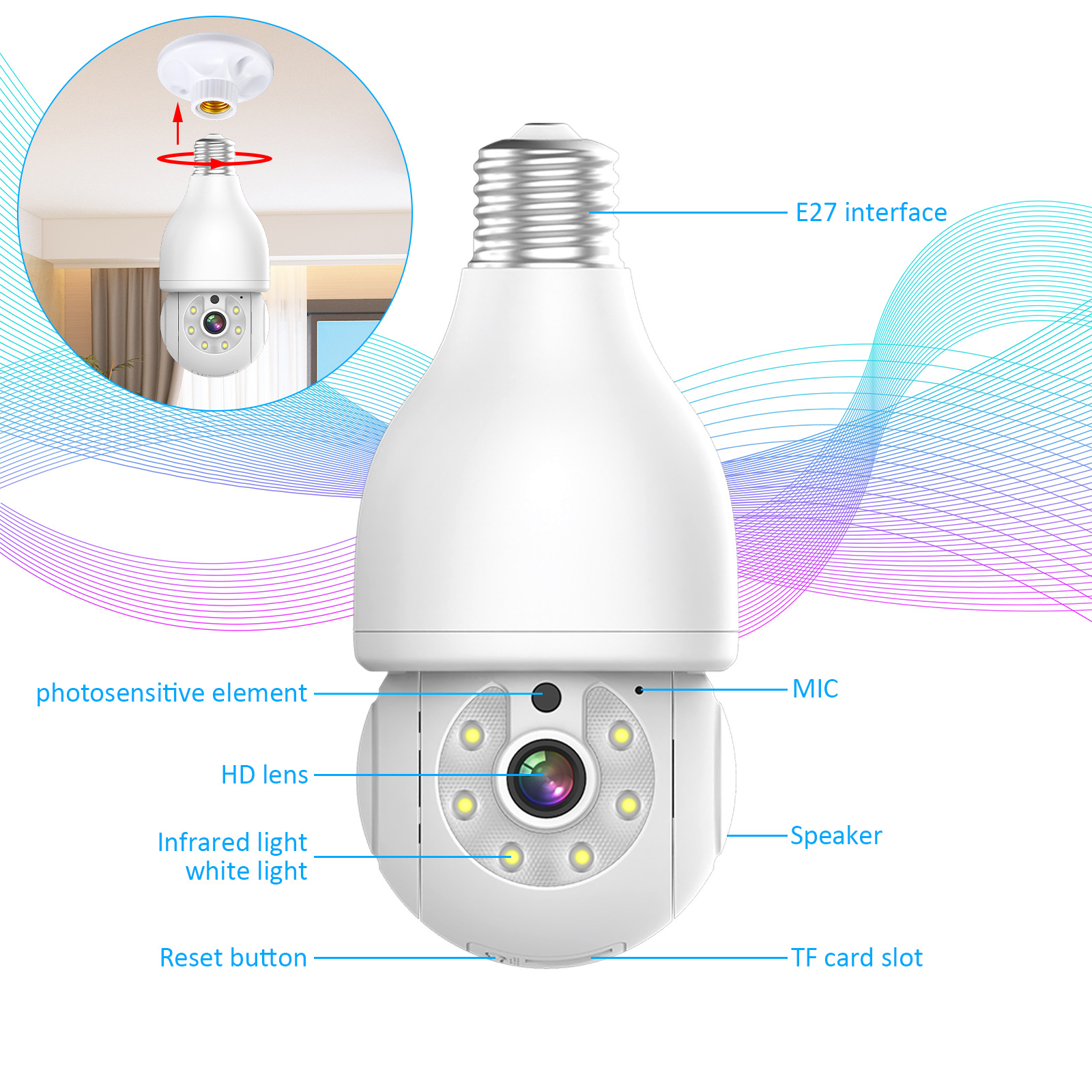 Cámara de Bombilla LED para Interiores, Portalámparas E27, Comercio Exterior, Gran Venta Transfronteriza, Rotación de 360 Grados, Vigilancia Inalámbrica de Alta Definición image 4