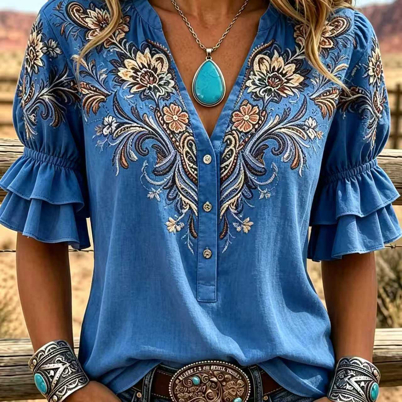 Transfronterizo exclusivo para camisas de impresión vintage mujeres sueltas de cuello en V de manga corta chaqueta bohemiana Europa y América nuevo transfronterizo image 12