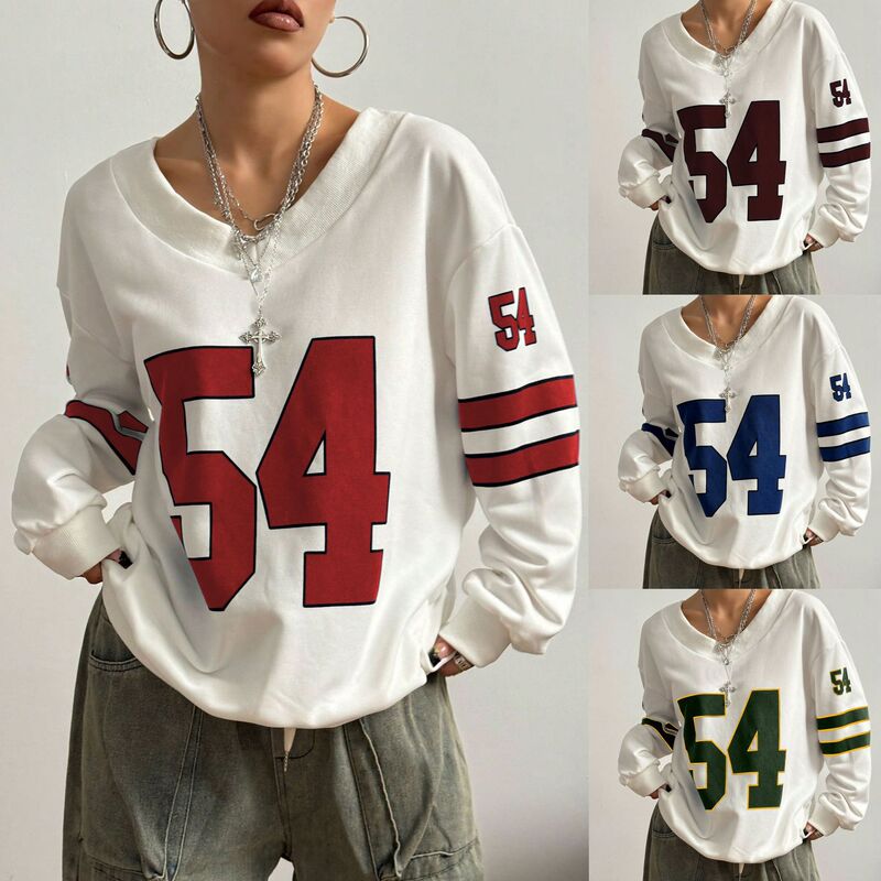 European and American Cross-Border New Women's Clothing American Street Style Color-Block Short-Sleeve Ribbed V-Neck Digital Print Versatile Sweatshirt Wholesale