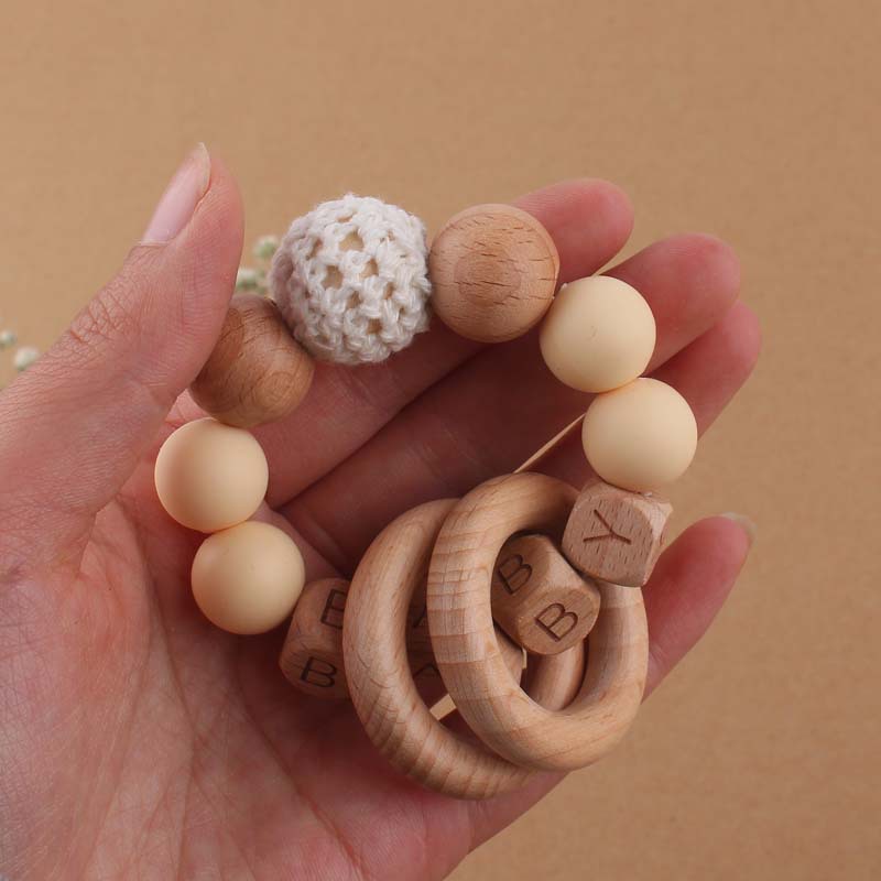 Bebé suministros mordedor pulsera de juguete creativo DIY Beech bebé nombre cuentas de silicona mordedura teether juguete