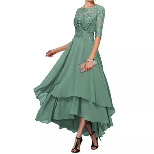 Cross-border Elegant Evening Dress European and American Style New Layered Chiffon Mid-sleeve high quality Lace dress Mother Dress