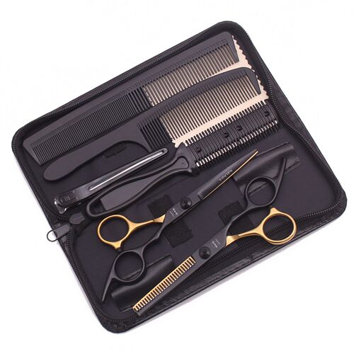 Achabyi Black Gold Household Haircutting Scissors, Beginner's Styling Flat Shears, Thinning Shears, Bangs Trimmers, Hair Cutting Comb with Scraping Knife Set