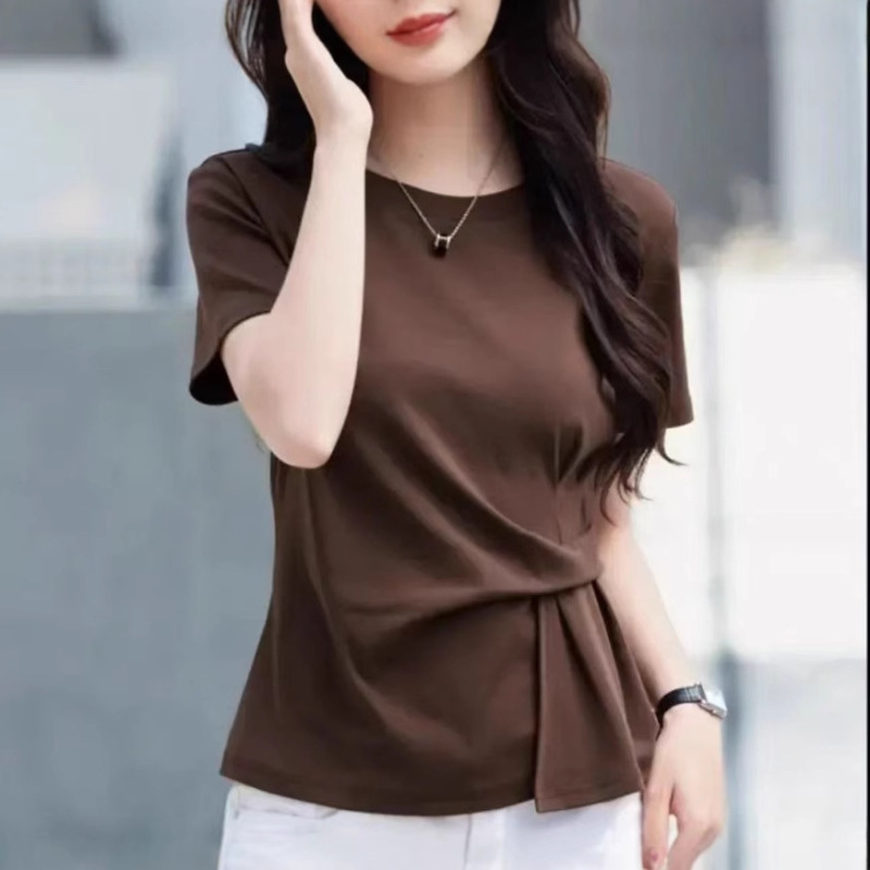 女性用デザイン半袖Tシャツ、ウエストが不規則なトップス、ファッショナブルな夏の新しいスタイル、ドロップシッピング|undefined