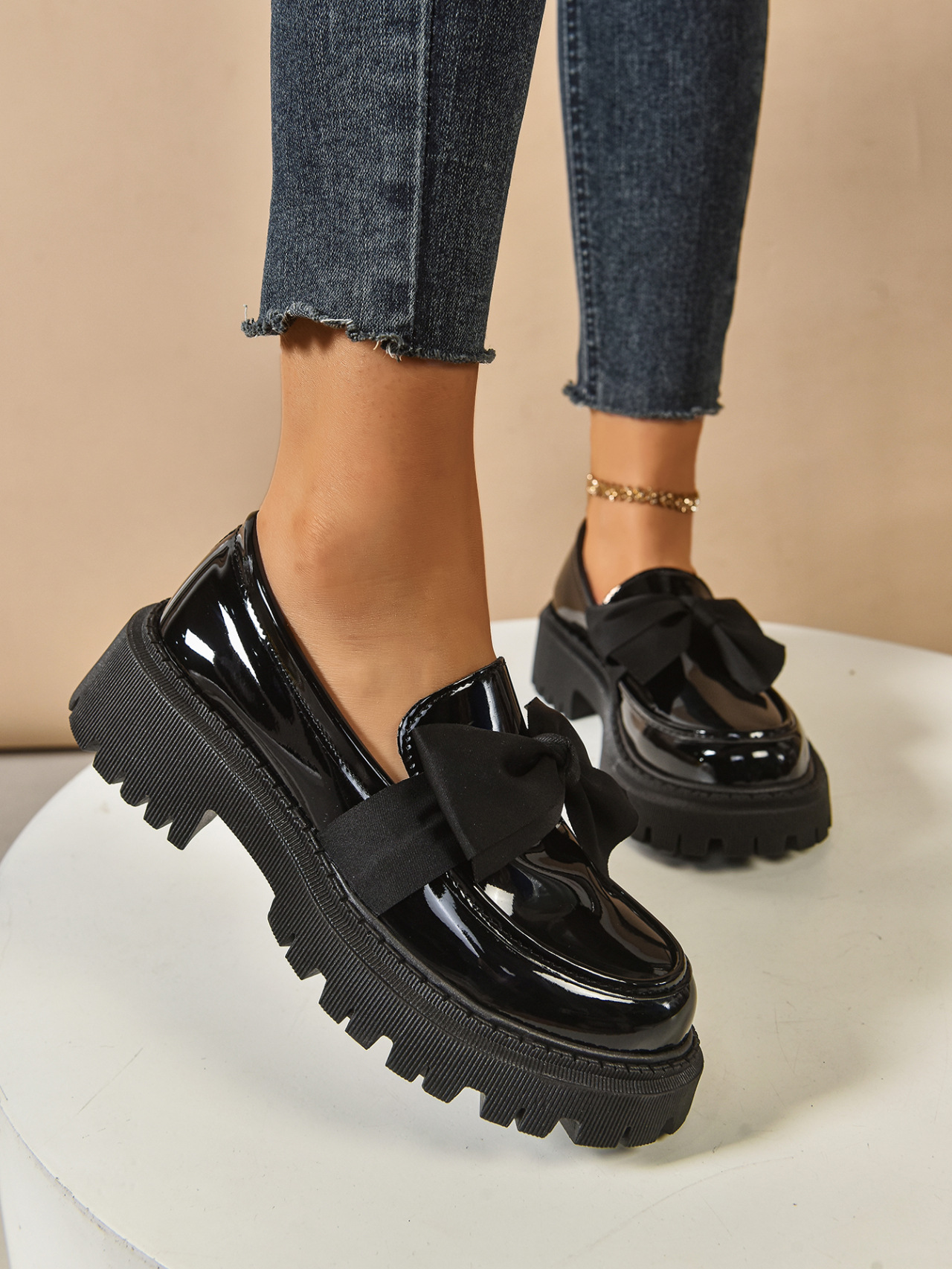 Women's Plus Size Bow Tie Platform Loafers For Autumn Leather_voghion.com