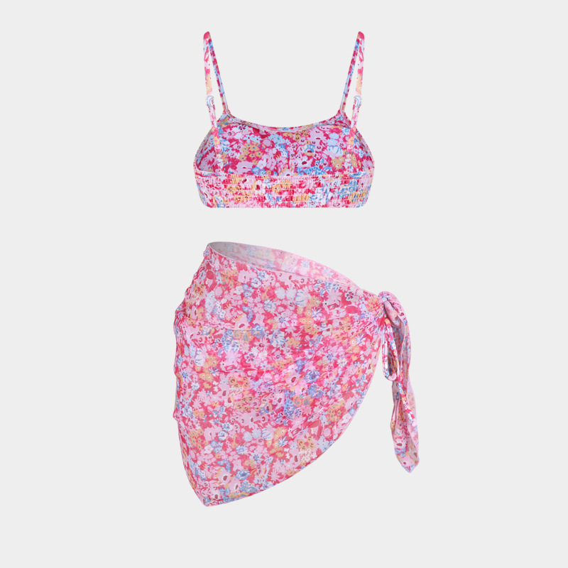 Women's Split Bikini Three-piece Swimsuit Floral Beach Wrap Set_voghion.com