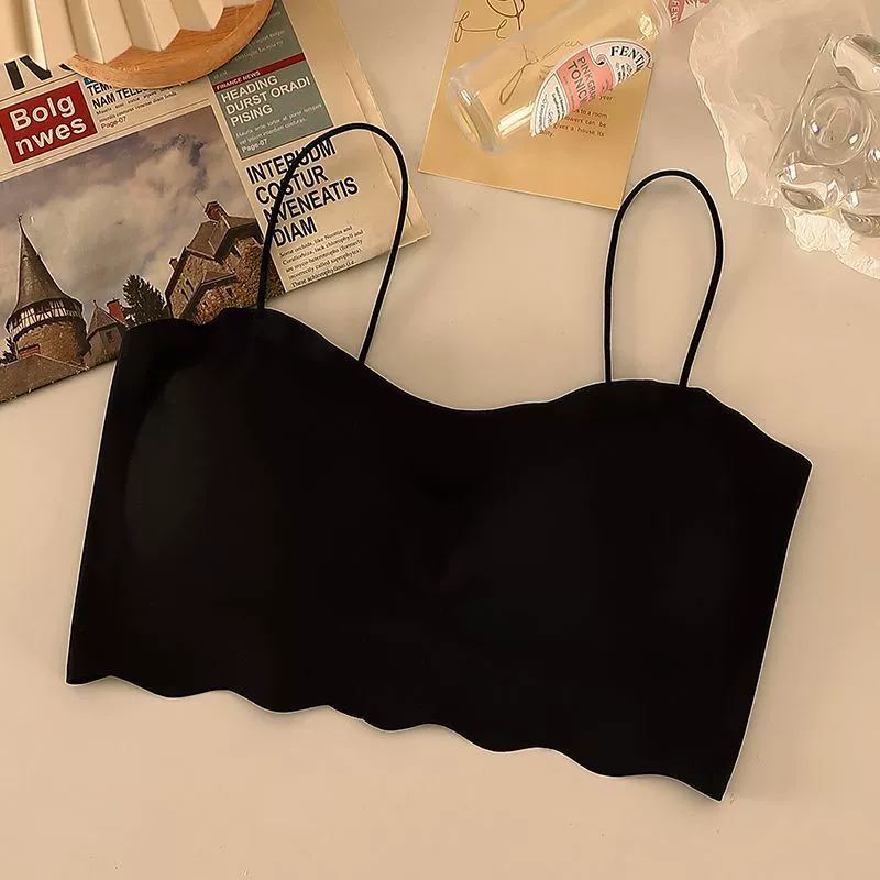 Tube Top Push-Up Bra, silk-look thin straps, one-size 80–120, seamless scalloped back